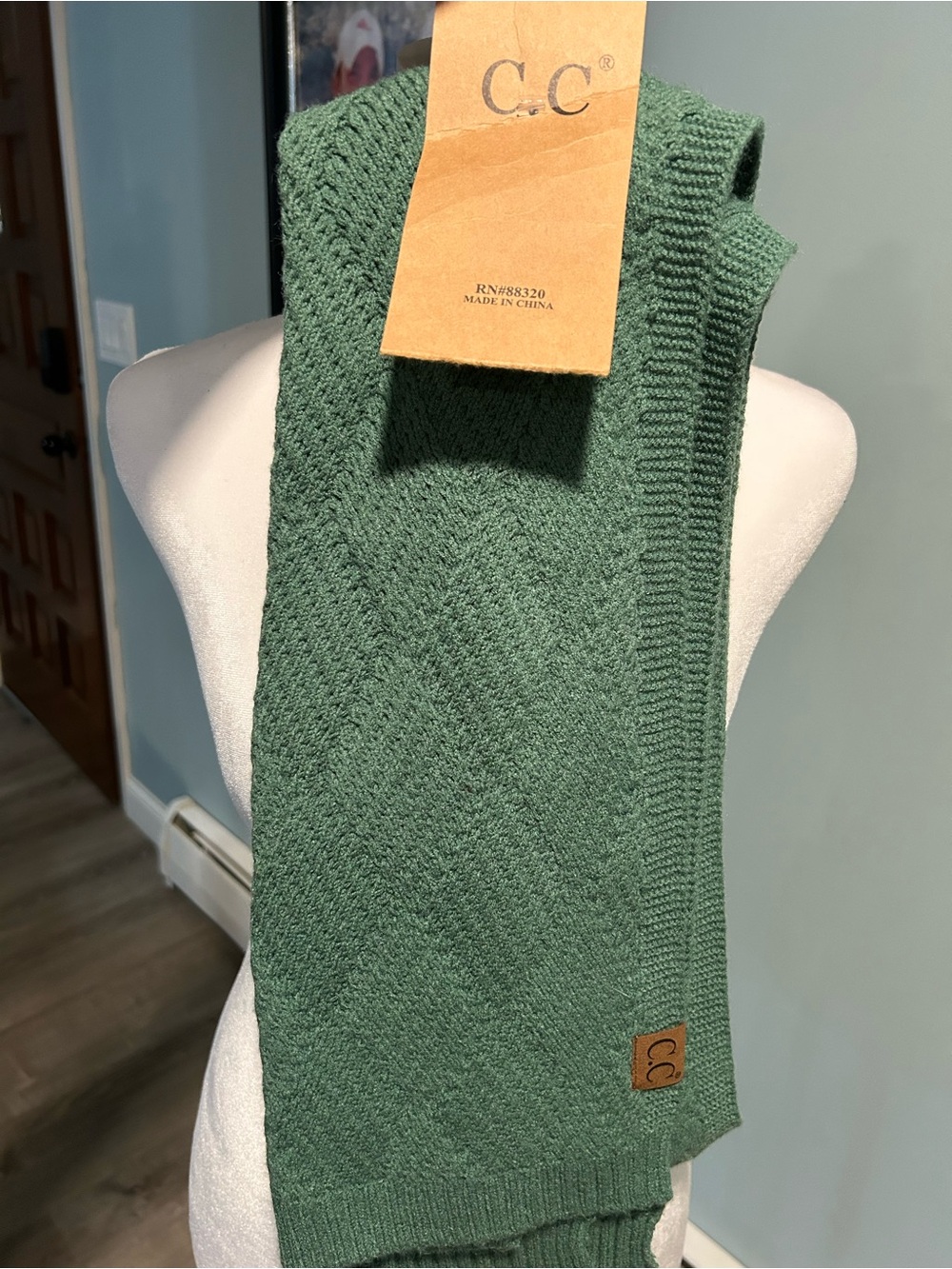C.C Sea Foam Green Knit Scarf with Leather Logo Patch